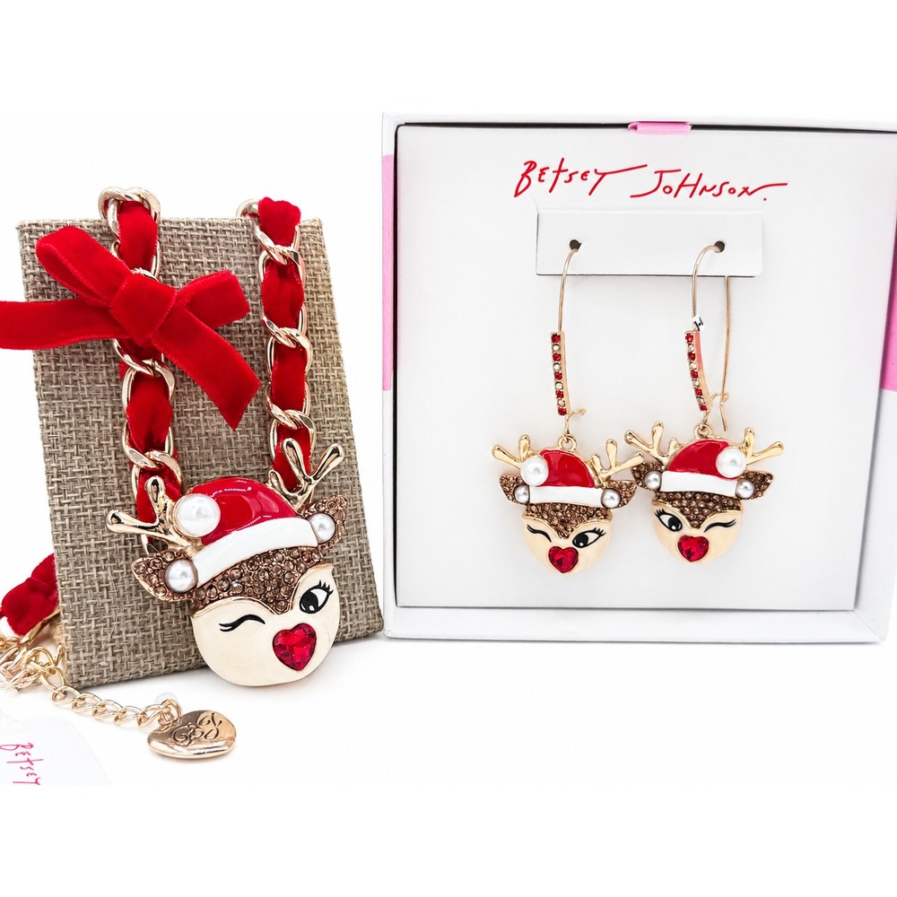 Betsey Johnson Christmas Winking Reindeer Pendant Necklace Earring Set NIB